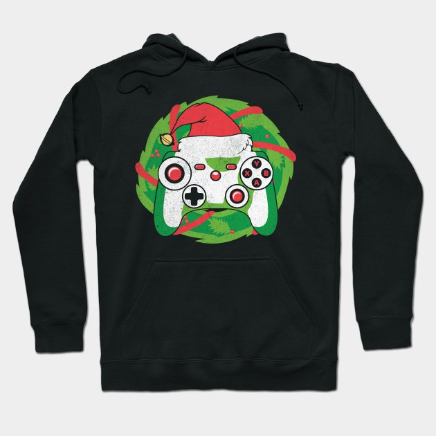 Game Controller Santa Hat Christmas Wreath Gamer Xmas Pajama Hoodie by BadDesignCo